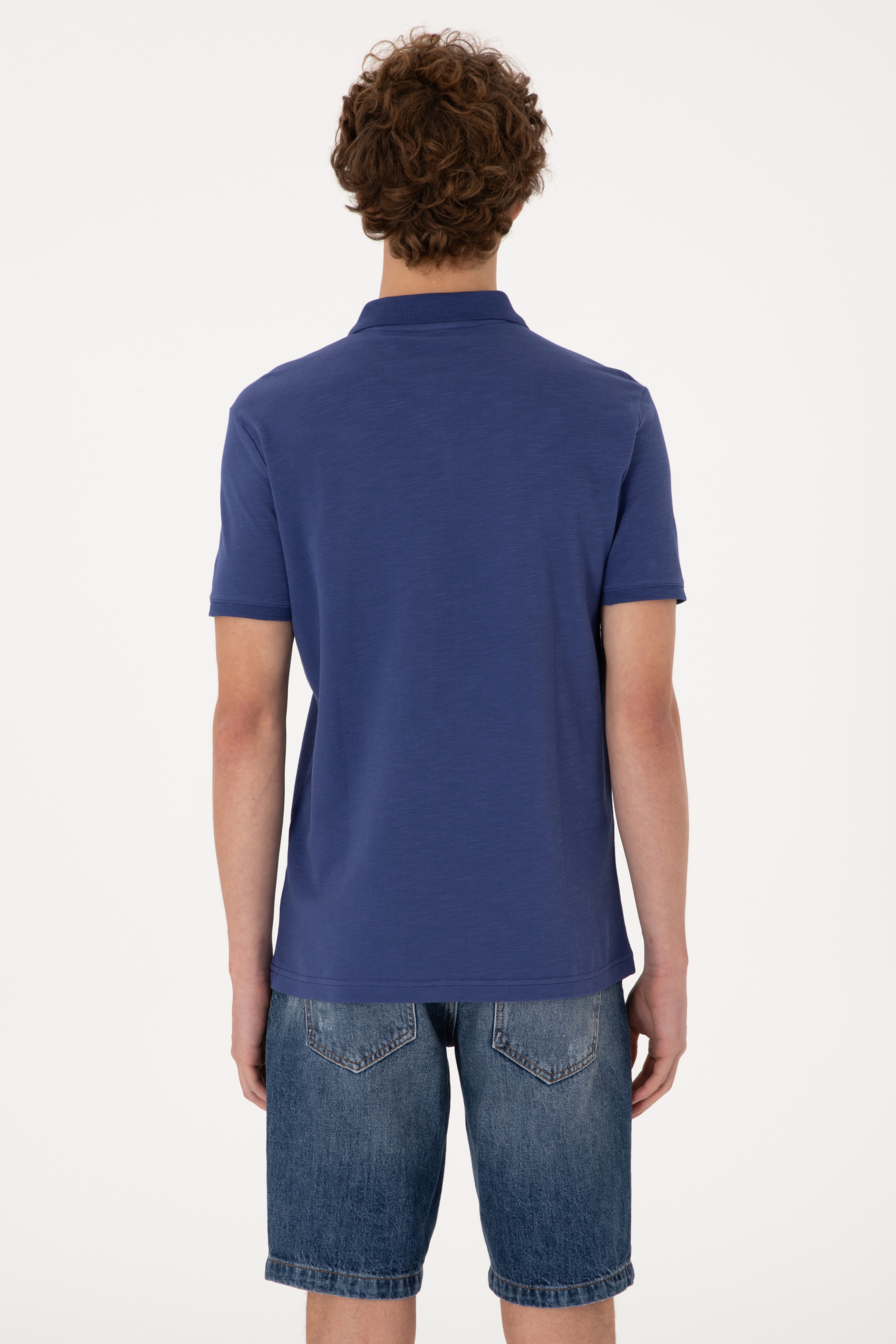 Erkek Slim Fit Dökümlü Polo Yaka Açık Lacivert Tişört - Image 5