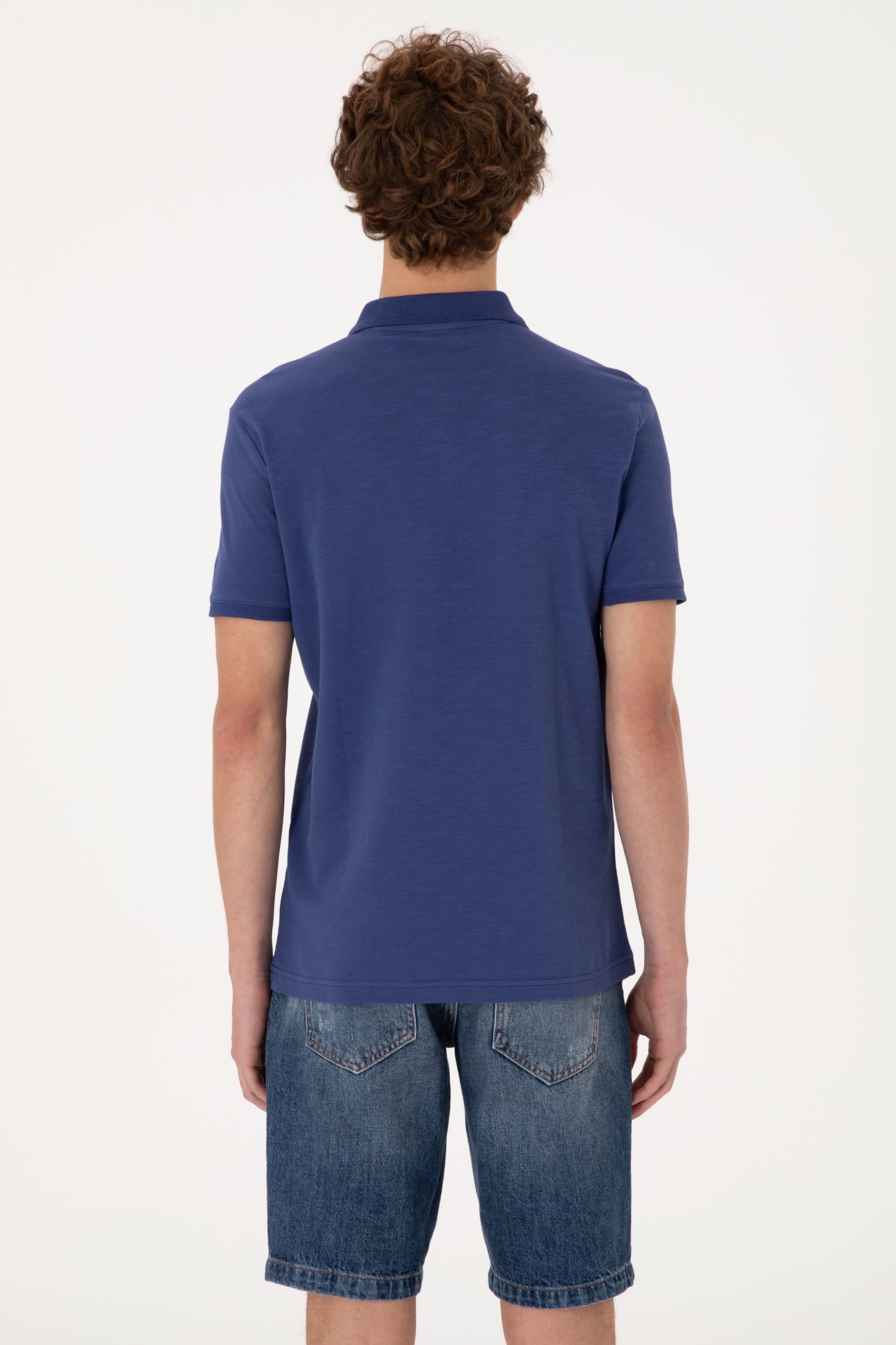 Erkek Slim Fit Dökümlü Polo Yaka Açık Lacivert Tişört