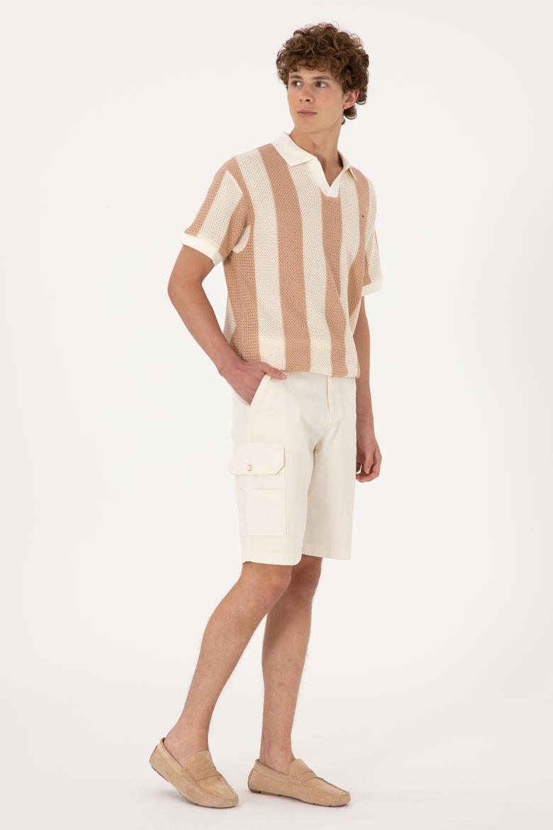 Erkek Comfort Fit Kaçık Yaka Camel Örgülü Tişört - 50300240032