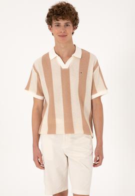 Erkek Comfort Fit Kaçık Yaka Camel Örgülü Tişört - 50300240032