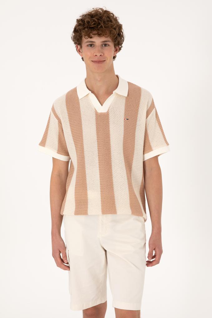 Erkek Comfort Fit Kaçık Yaka Camel Örgülü Tişört