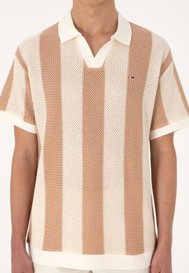 Erkek Comfort Fit Kaçık Yaka Camel Örgülü Tişört - 50300240032