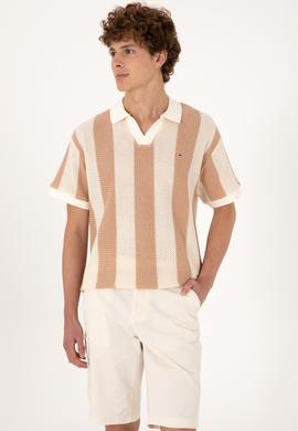 Erkek Comfort Fit Kaçık Yaka Camel Örgülü Tişört - 50300240032