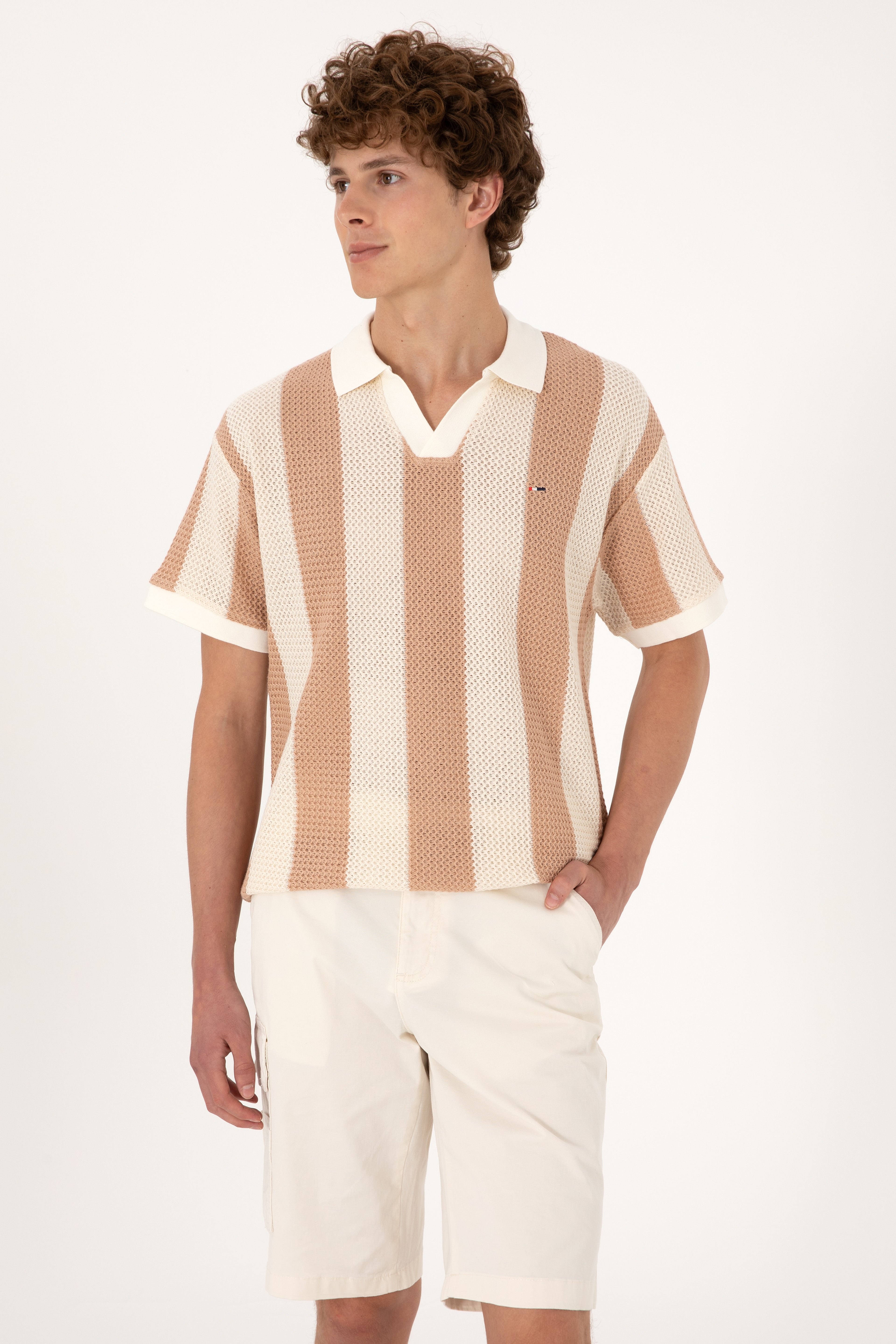 Erkek Comfort Fit Kaçık Yaka Camel Örgülü Tişört - Image 3