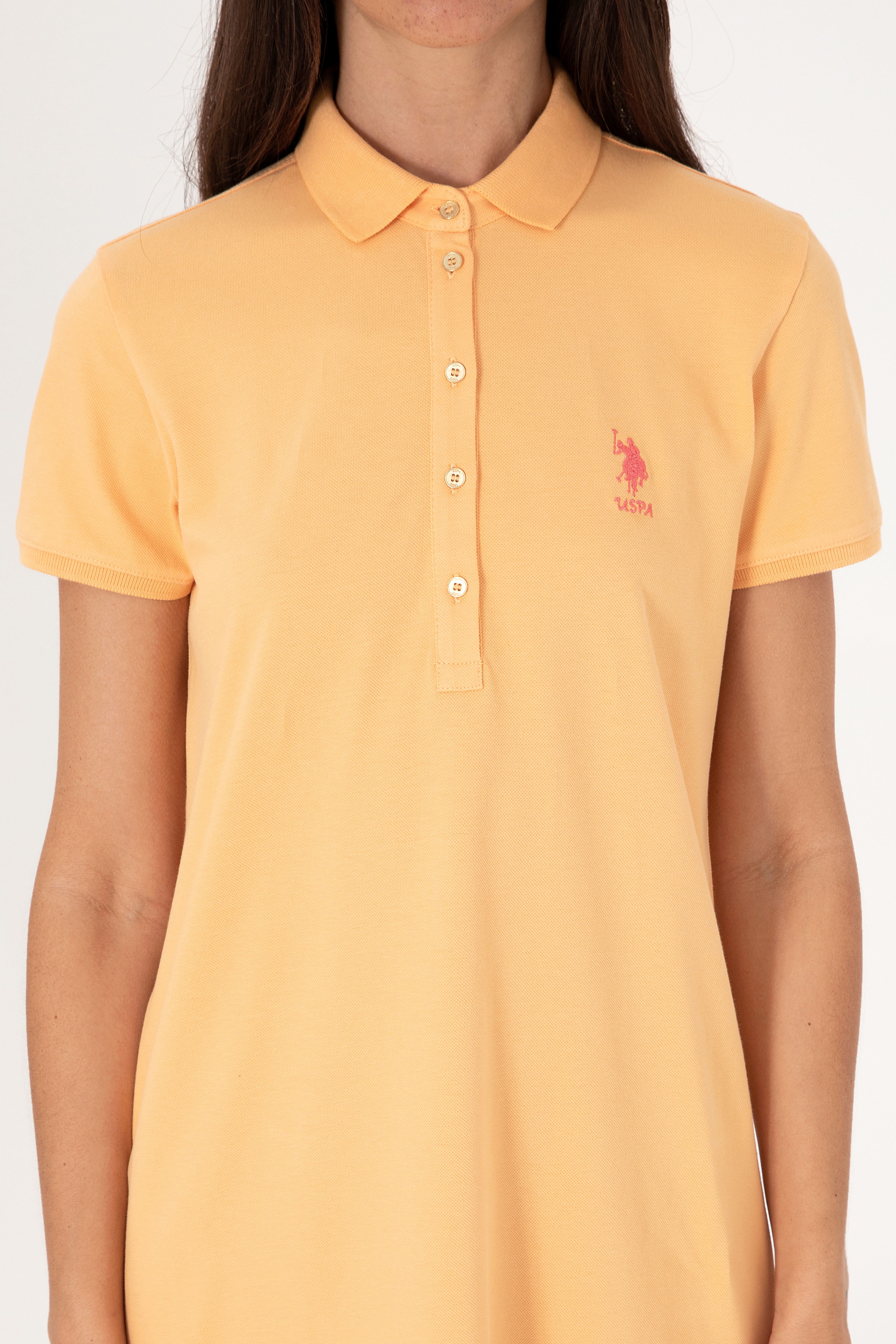 Kadın Turuncu Polo Yaka Mini Boy Örme Elbise - Image 5