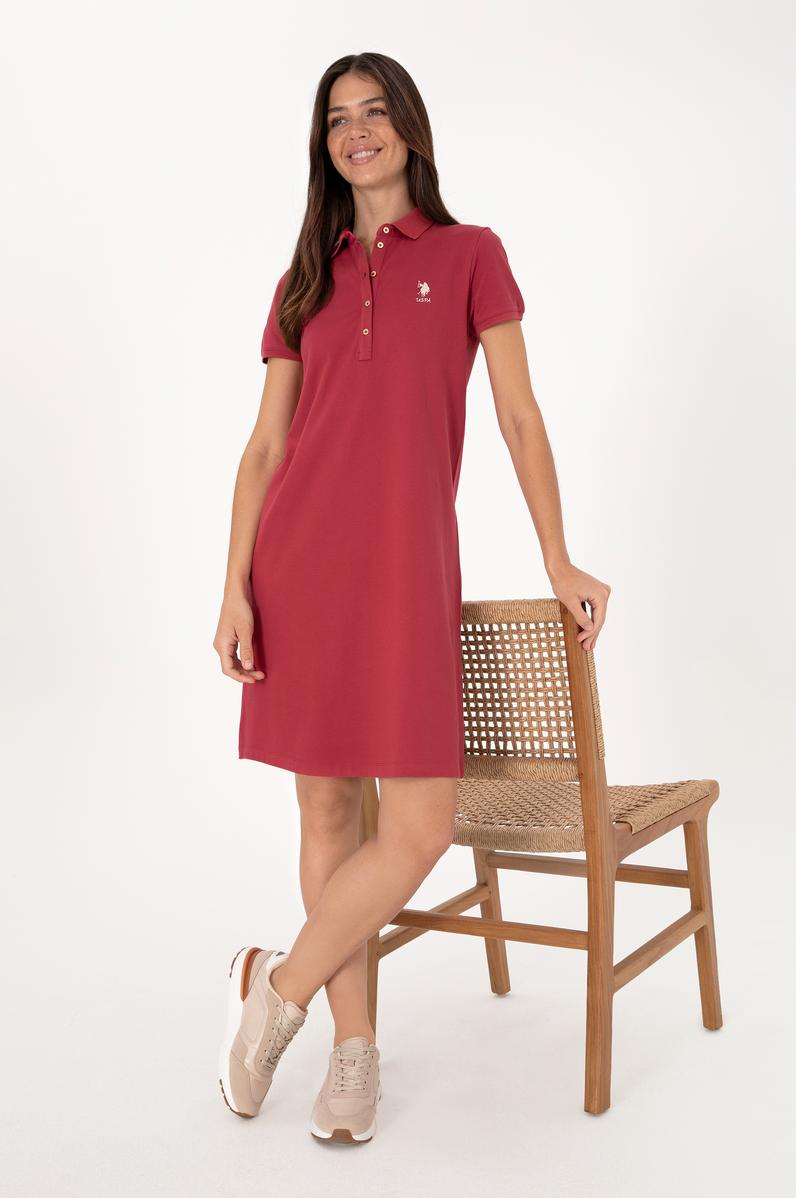 Kadın Vişne Polo Yaka Mini Boy Örme Elbise