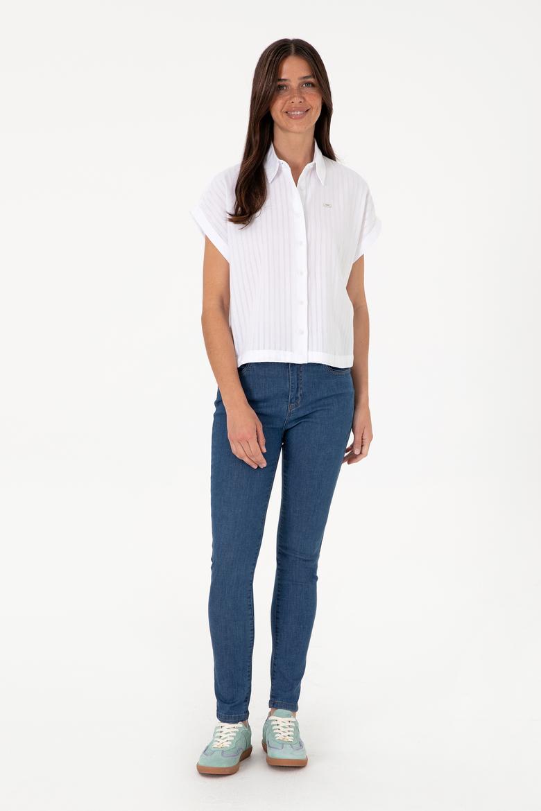 Kadın Beyaz Çizgili Kısa Kollu Gömlek - 50306388006