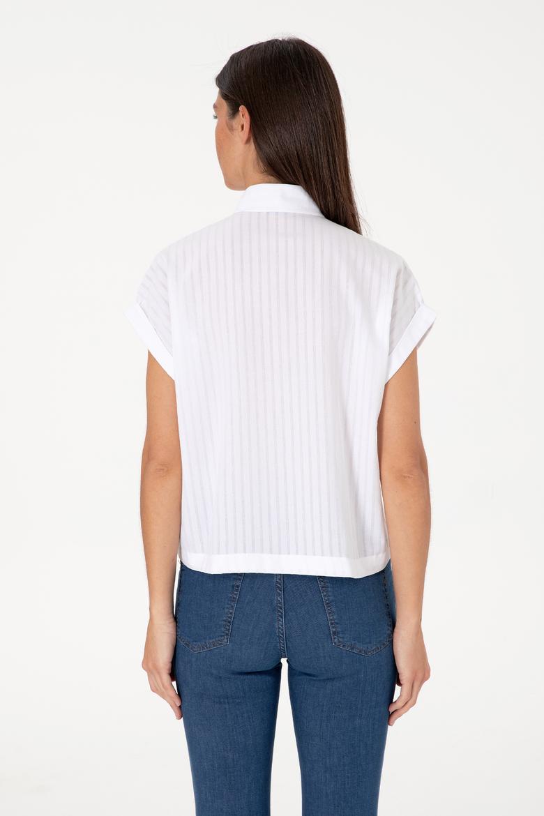 Kadın Beyaz Çizgili Kısa Kollu Gömlek - 50306388006