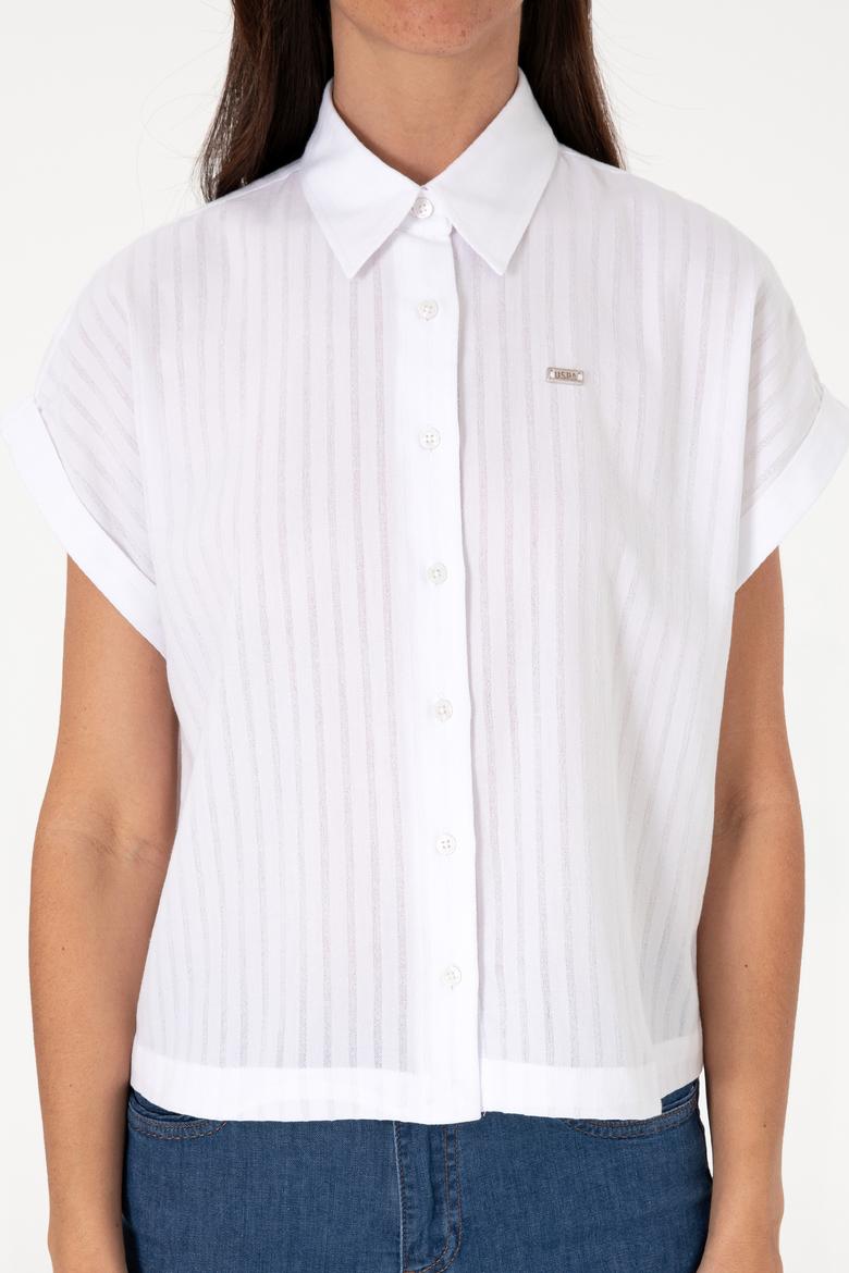 Kadın Beyaz Çizgili Kısa Kollu Gömlek - 50306388006