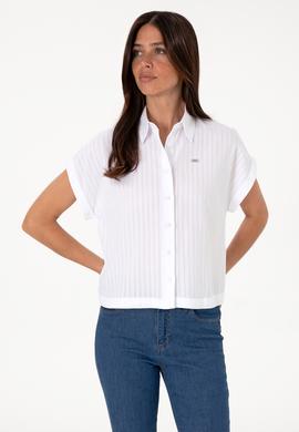 Kadın Beyaz Çizgili Kısa Kollu Gömlek - 50306388006