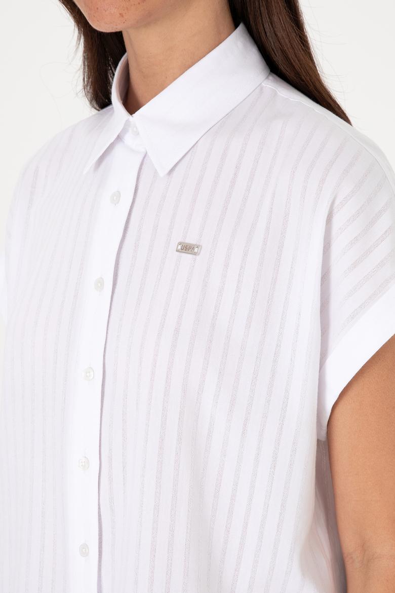 Kadın Beyaz Çizgili Kısa Kollu Gömlek - 50306388006