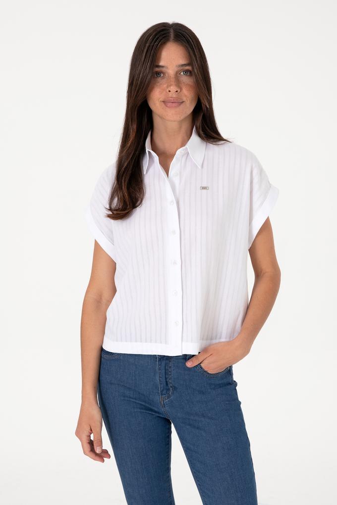 Kadın Beyaz Çizgili Kısa Kollu Gömlek