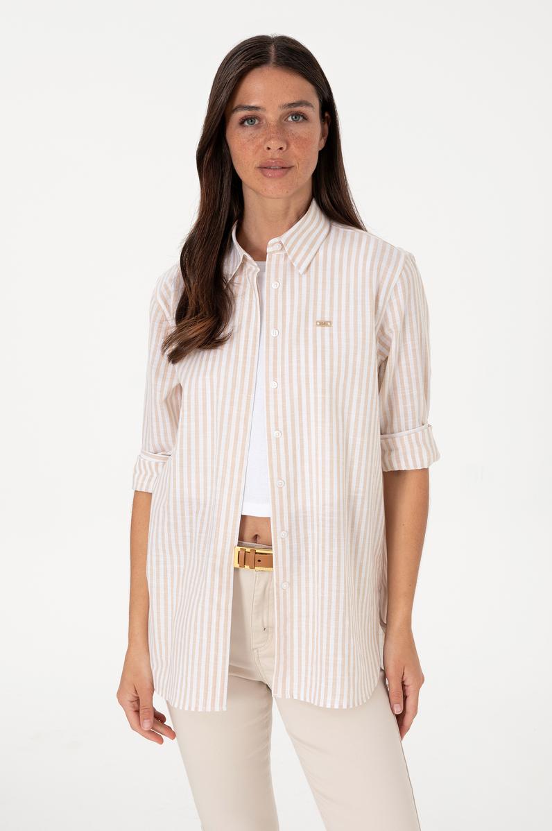 Kadın Çizgili Taş Uzun Kollu Tunik Gömlek