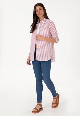 Kadın Vişne Çizgili Uzun Kollu Tunik Gömlek - 50306405019