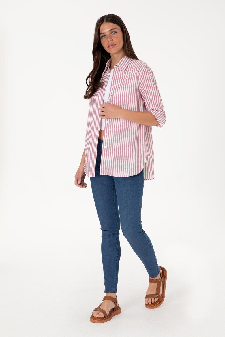 Kadın Vişne Çizgili Uzun Kollu Tunik Gömlek - 50306405019
