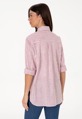 Kadın Vişne Çizgili Uzun Kollu Tunik Gömlek - 50306405019