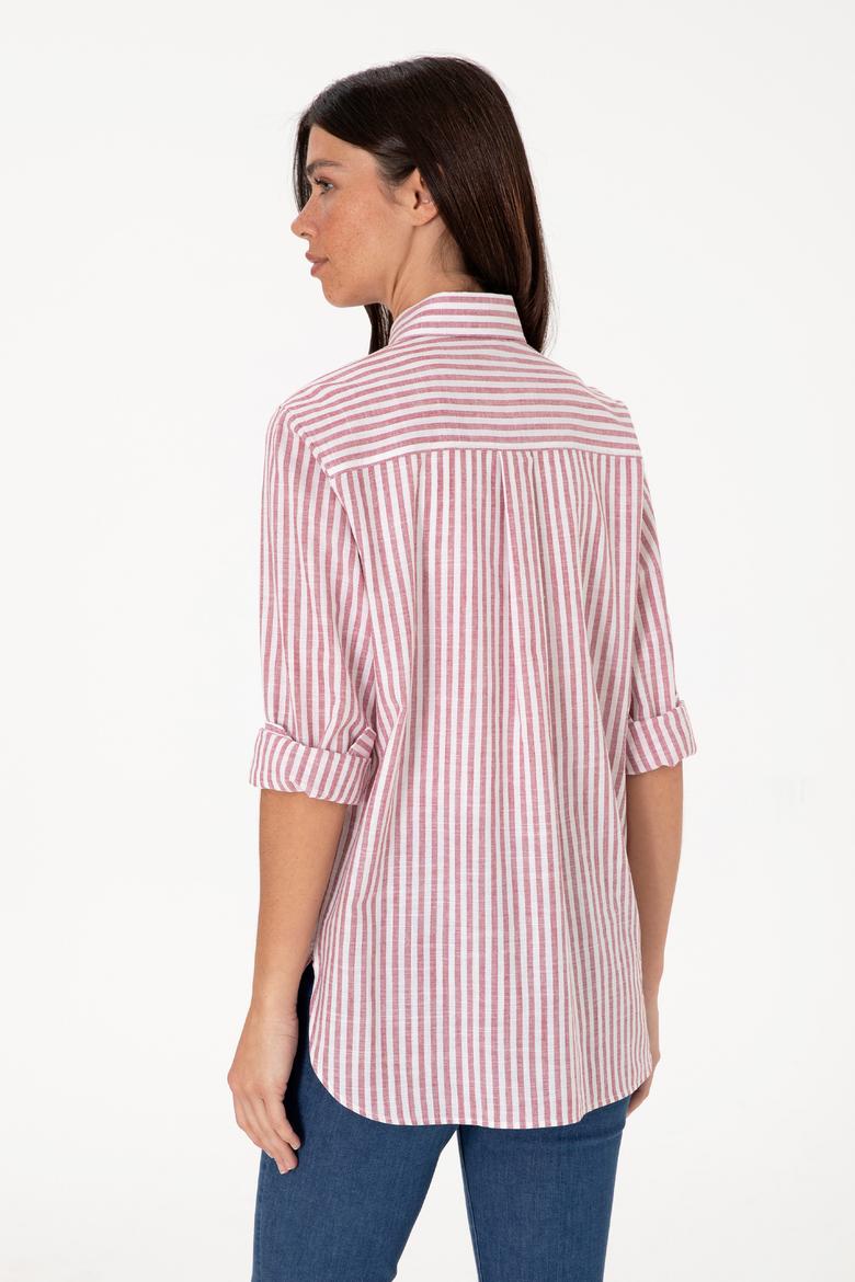Kadın Vişne Çizgili Uzun Kollu Tunik Gömlek - 50306405019