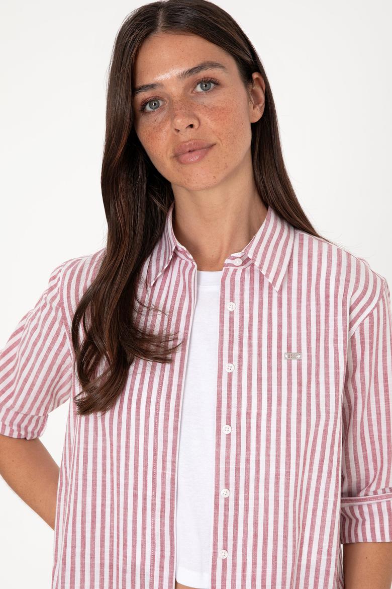 Kadın Vişne Çizgili Uzun Kollu Tunik Gömlek - 50306405019