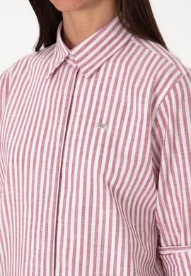Kadın Vişne Çizgili Uzun Kollu Tunik Gömlek - 50306405019