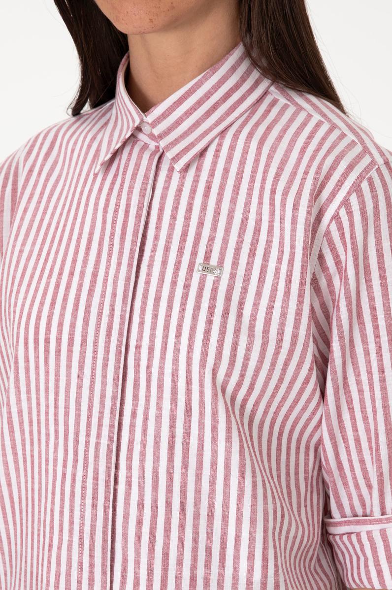 Kadın Vişne Çizgili Uzun Kollu Tunik Gömlek