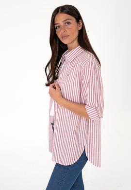 Kadın Vişne Çizgili Uzun Kollu Tunik Gömlek - 50306405019