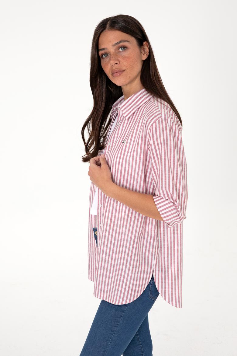 Kadın Vişne Çizgili Uzun Kollu Tunik Gömlek - 50306405019
