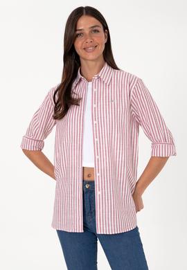 Kadın Vişne Çizgili Uzun Kollu Tunik Gömlek - 50306405019