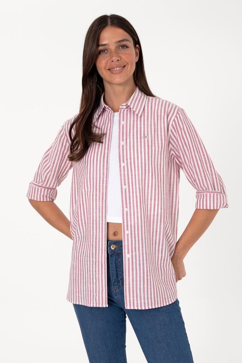 Kadın Vişne Çizgili Uzun Kollu Tunik Gömlek