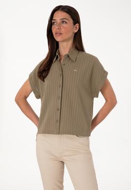 Kadın Vizon Çizgili Kısa Kollu Gömlek - 50306388014