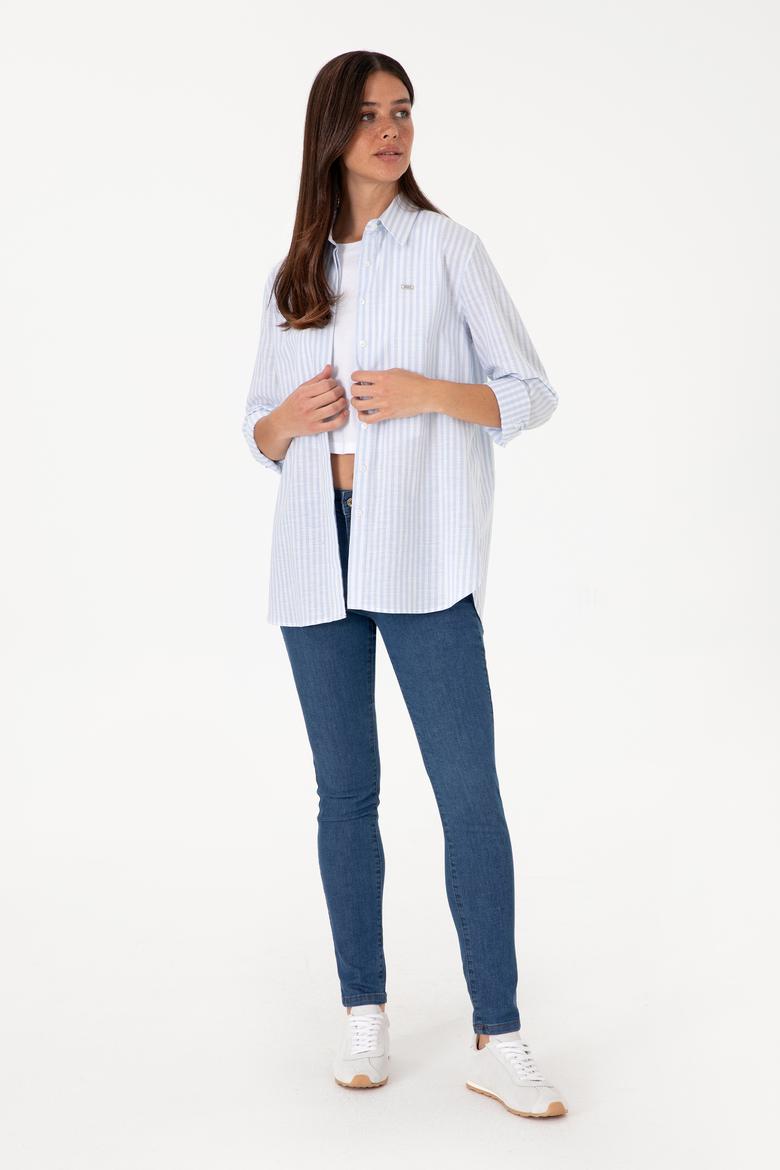 Kadın Açık Mavi Çizgili Uzun Kollu Tunik Gömlek - 50306405003