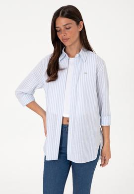 Kadın Açık Mavi Çizgili Uzun Kollu Tunik Gömlek - 50306405003