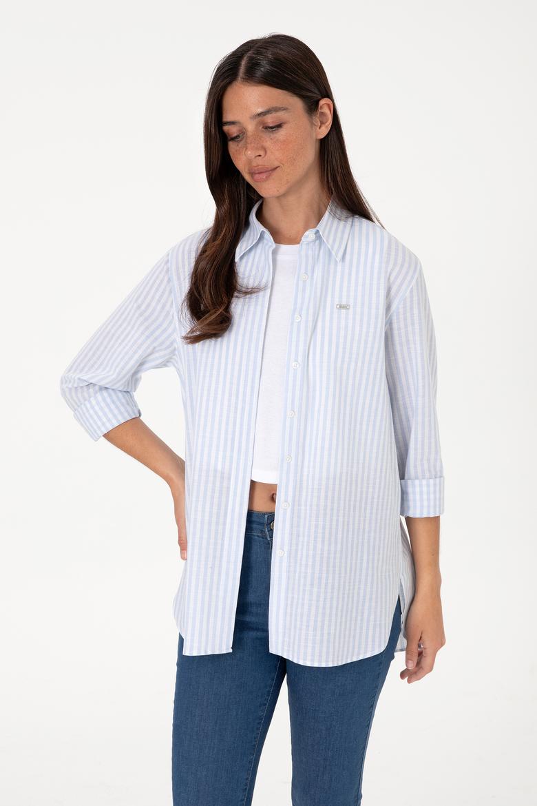 Kadın Açık Mavi Çizgili Uzun Kollu Tunik Gömlek - 50306405003
