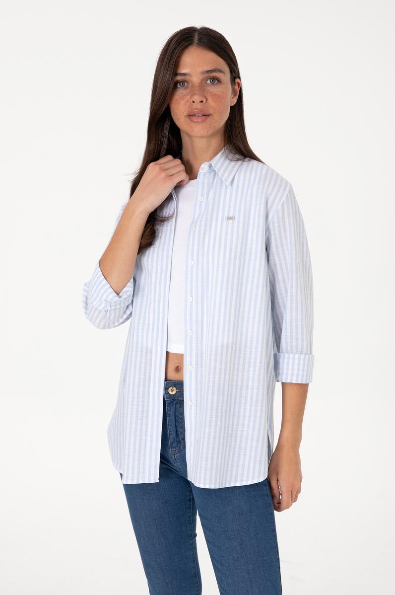 Kadın Açık Mavi Çizgili Uzun Kollu Tunik Gömlek