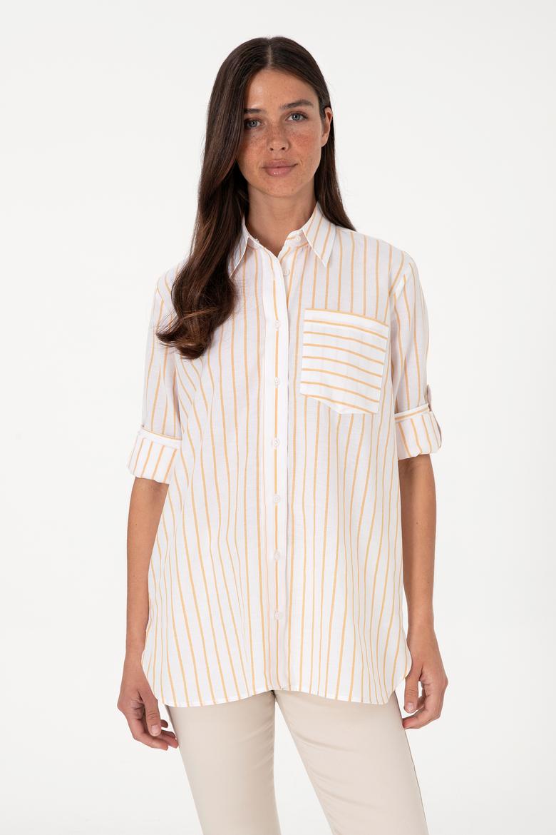 Kadın Sarı Çizgili Uzun Kollu Tunik Gömlek