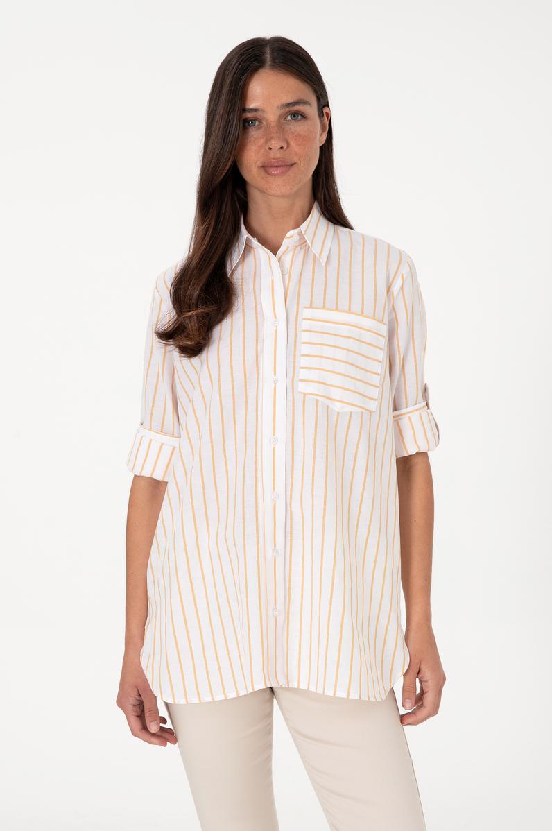 Kadın Sarı Çizgili Uzun Kollu Tunik Gömlek