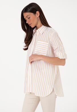 Kadın Sarı Çizgili Uzun Kollu Tunik Gömlek - 50306471002