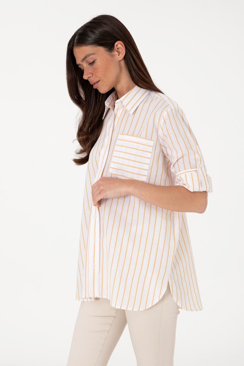 Kadın Sarı Çizgili Uzun Kollu Tunik Gömlek - 50306471002