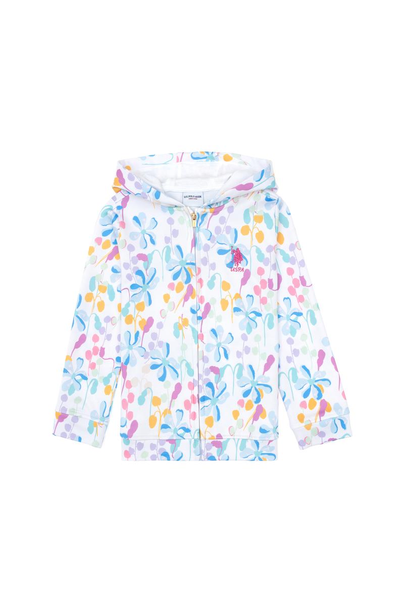 Kız Çocuk Beyaz Desenli Kapüşonlu Fermuarlı Sweatshirt