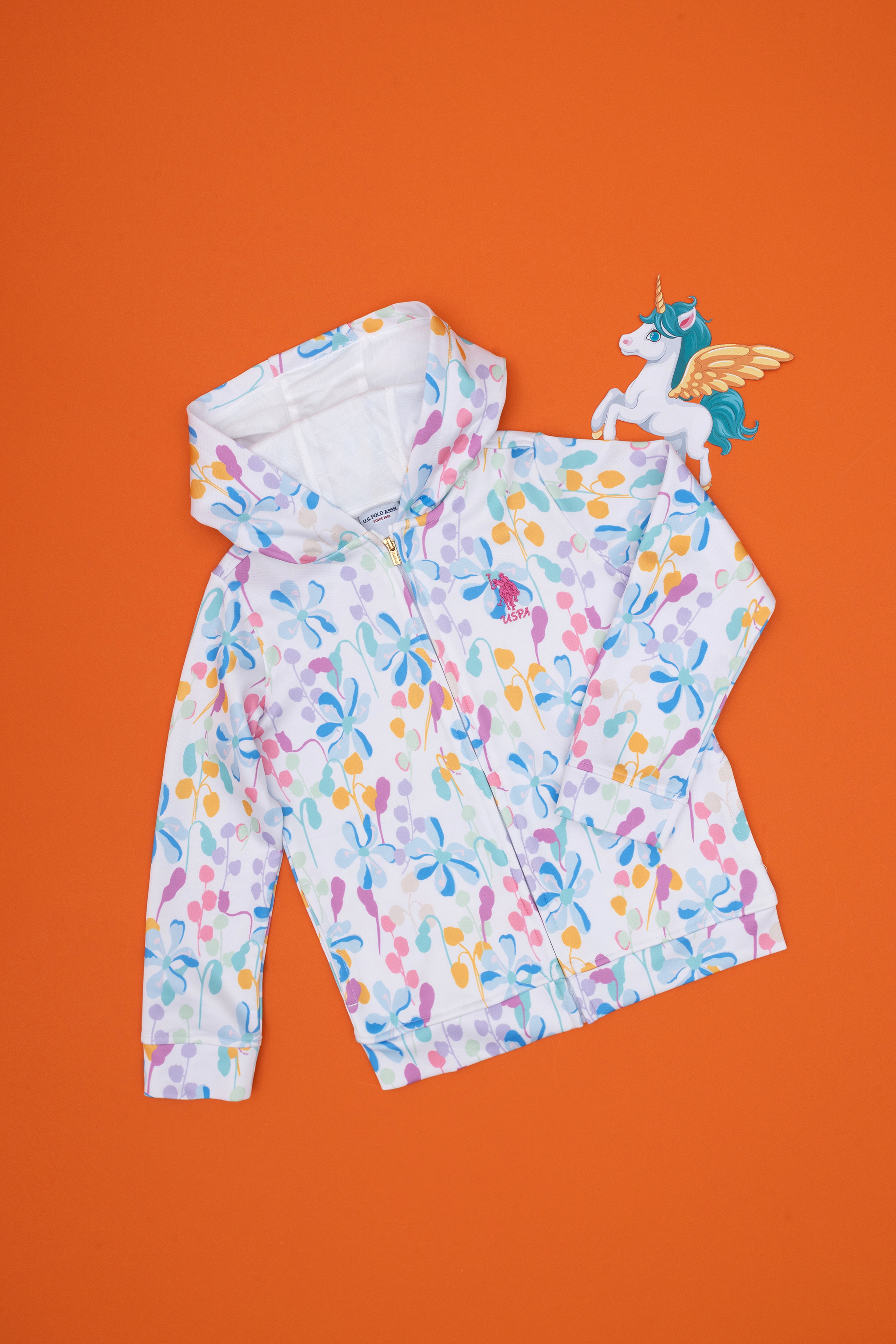 Kız Çocuk Beyaz Desenli Kapüşonlu Fermuarlı Sweatshirt - Image 1