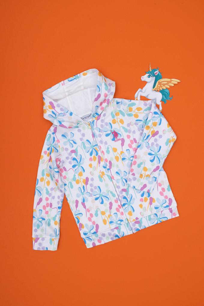 Kız Çocuk Beyaz Desenli Kapüşonlu Fermuarlı Sweatshirt