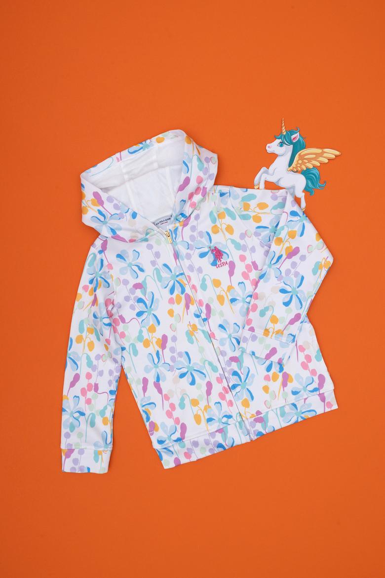 Kız Çocuk Beyaz Desenli Kapüşonlu Fermuarlı Sweatshirt