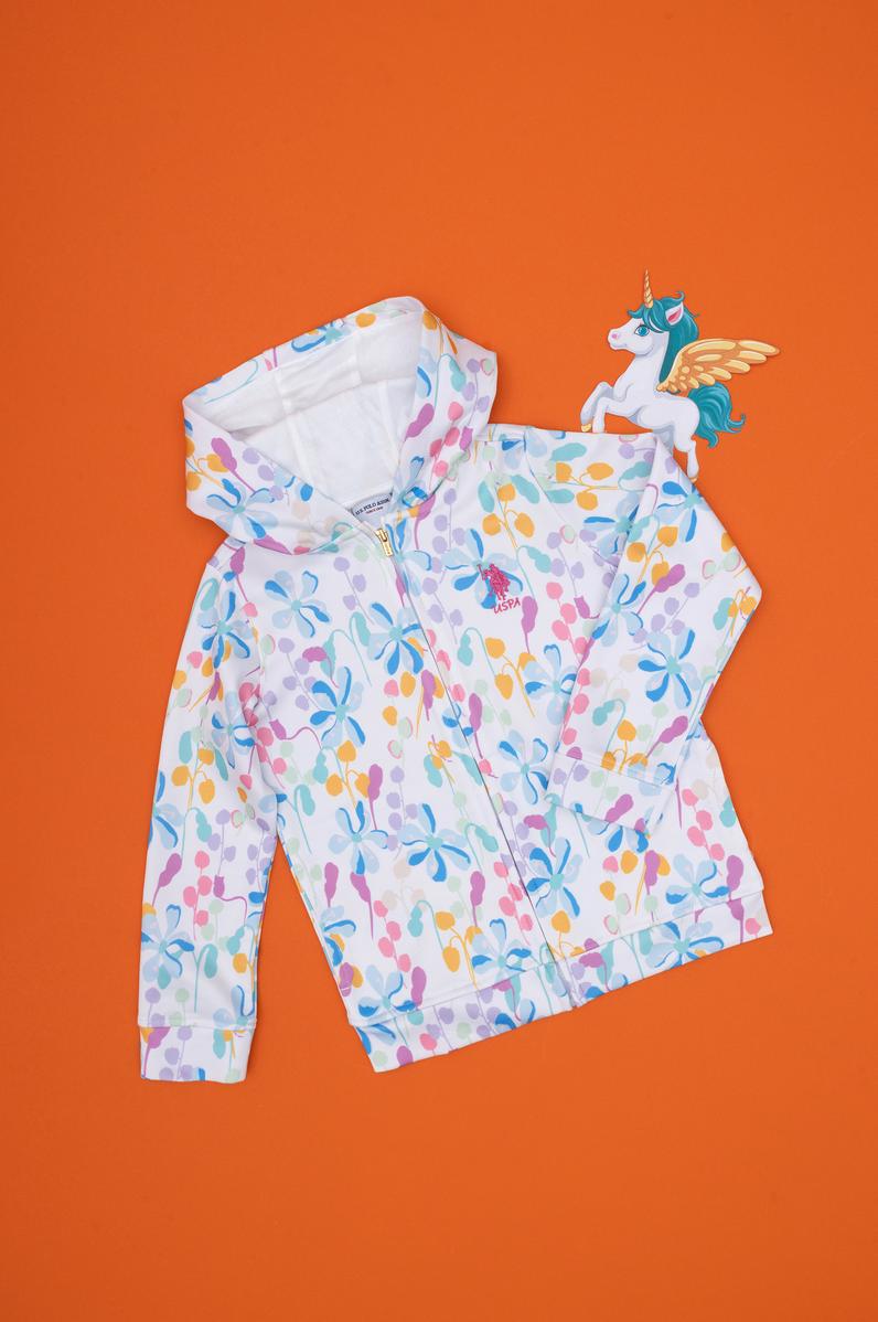 Kız Çocuk Beyaz Desenli Kapüşonlu Fermuarlı Sweatshirt