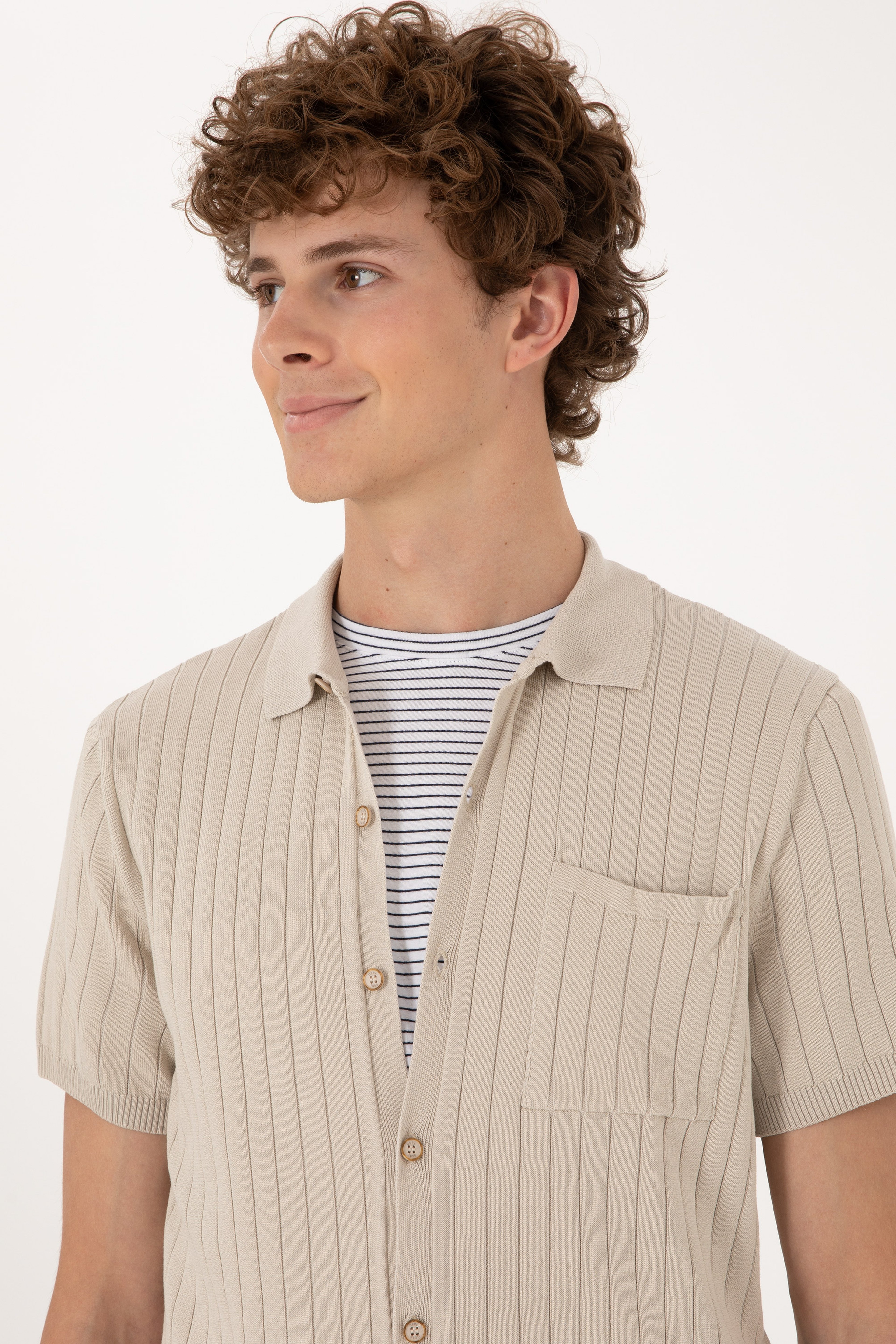 Erkek Slim Fit Taş Düğmeli Triko Tişört - Image 2