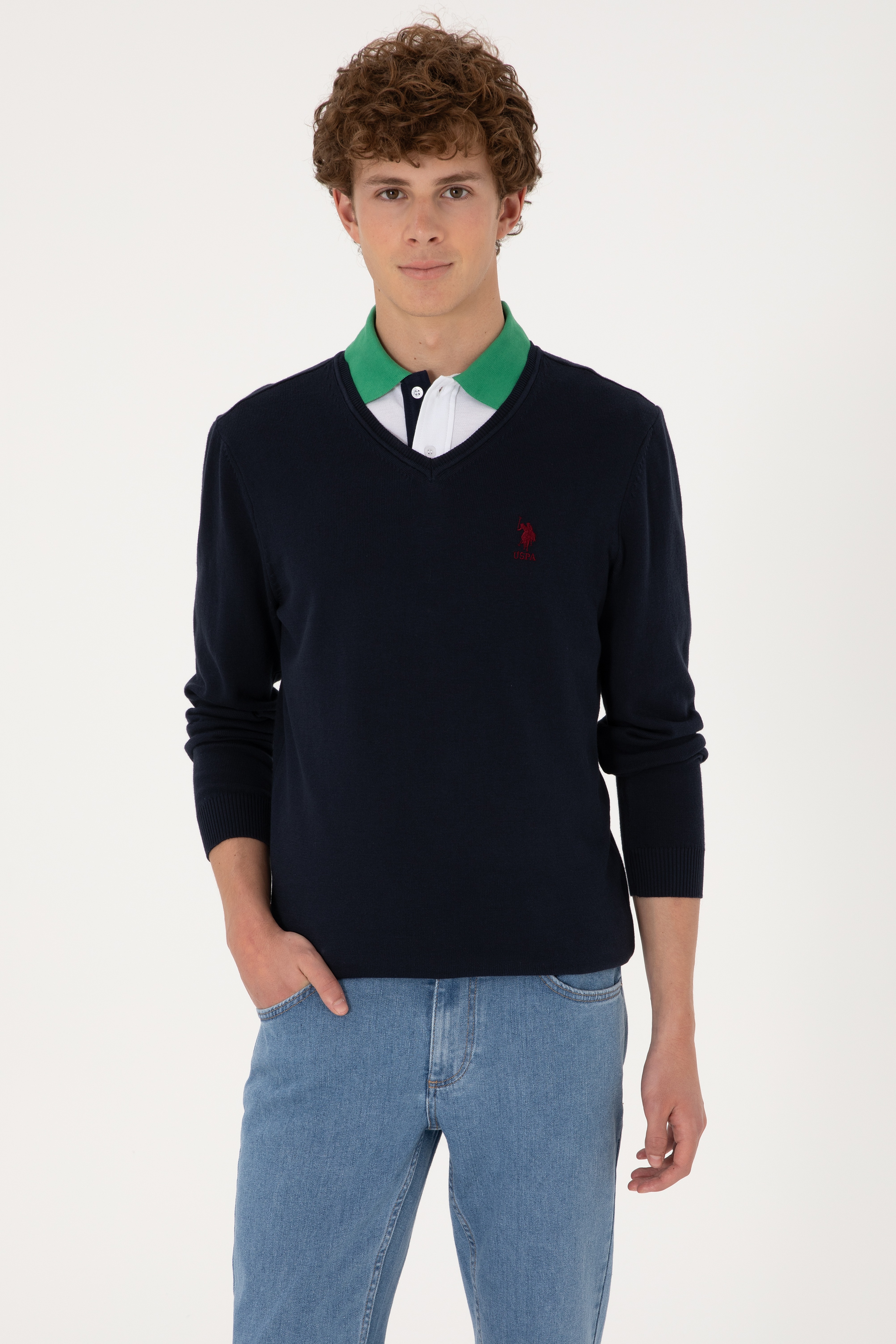 Erkek Slim Fit V Yaka Lacivert Basic Kazak