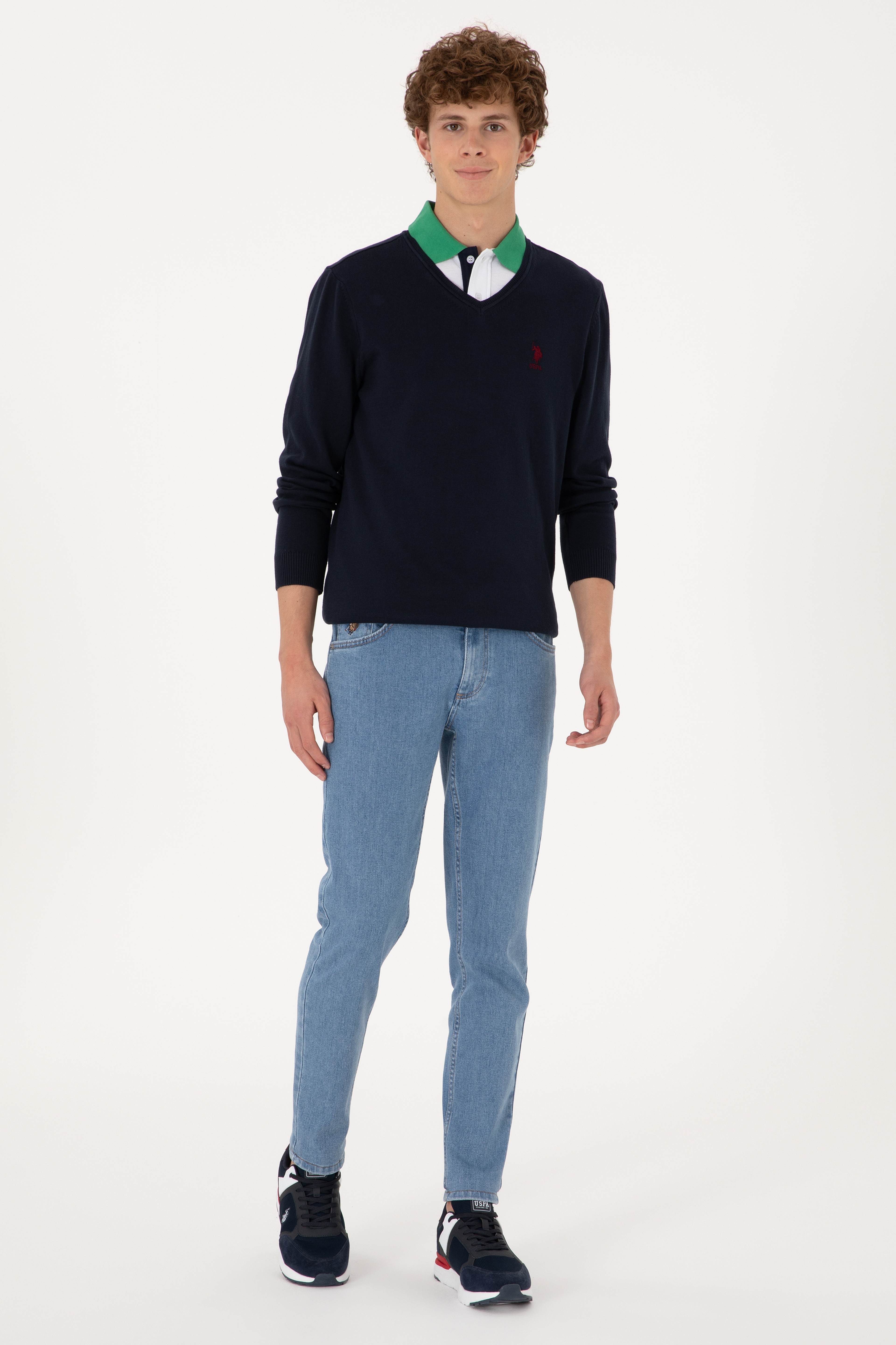 Erkek Slim Fit V Yaka Lacivert Basic Kazak
