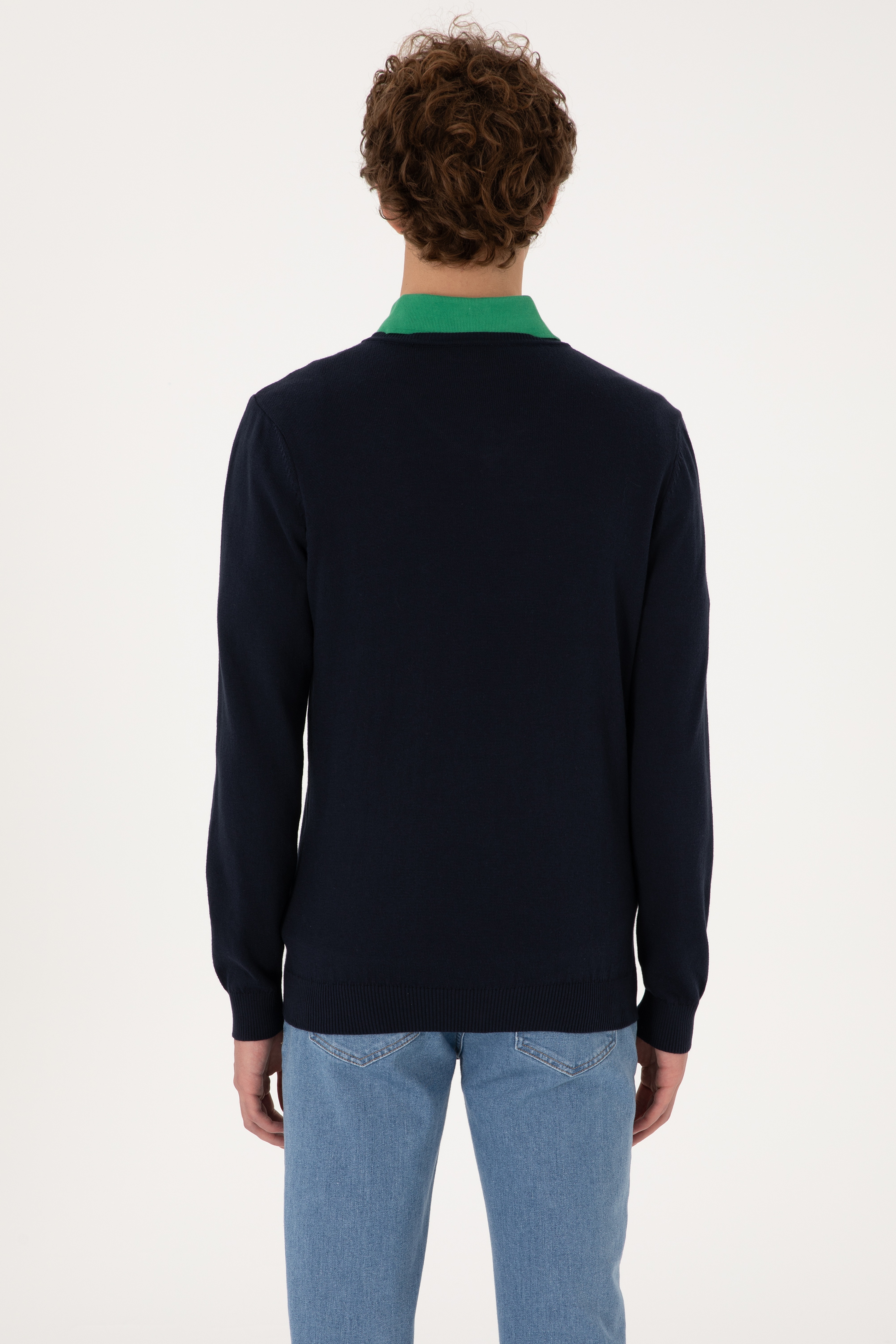 Erkek Slim Fit V Yaka Lacivert Basic Kazak