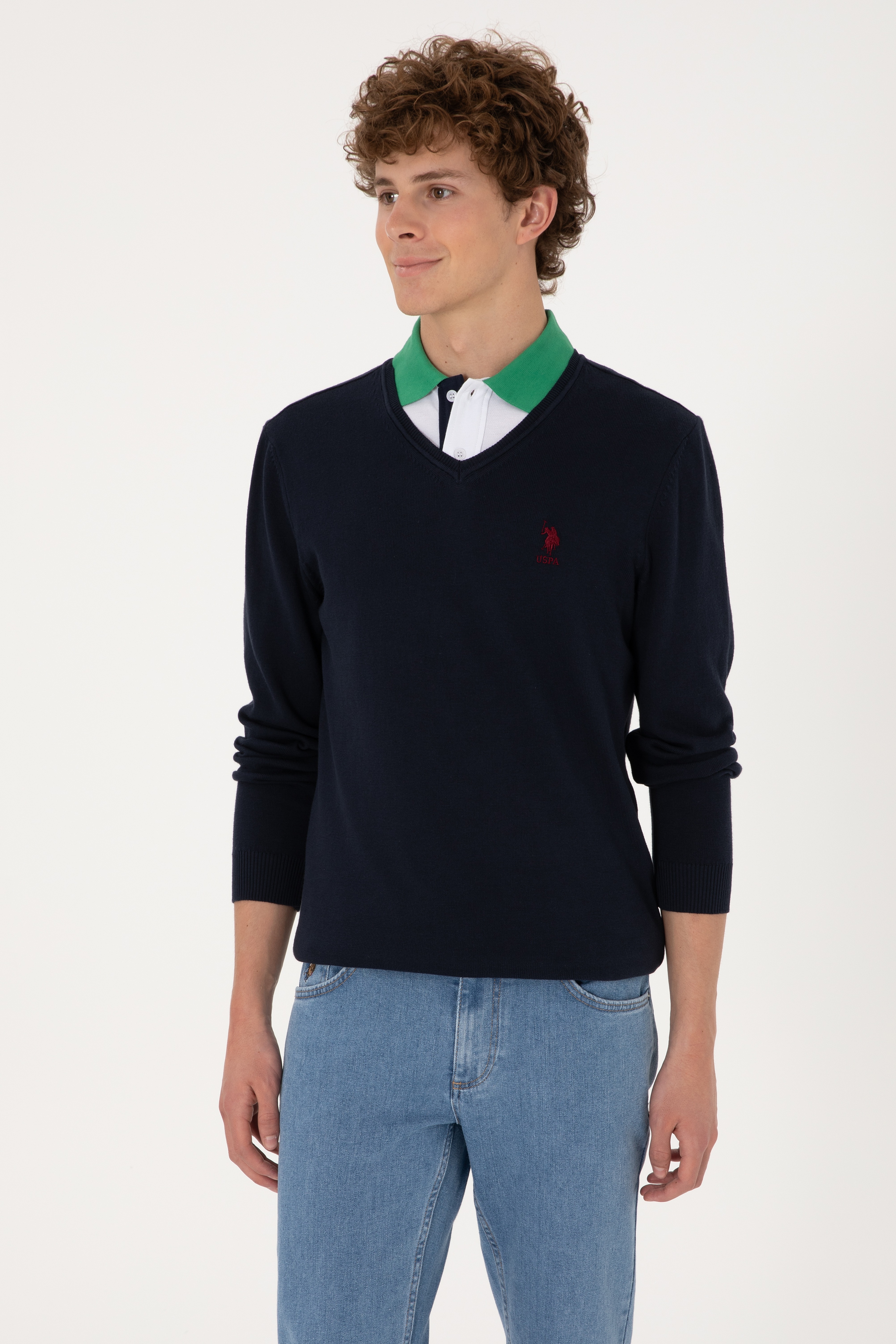 Erkek Slim Fit V Yaka Lacivert Basic Kazak - Image 3