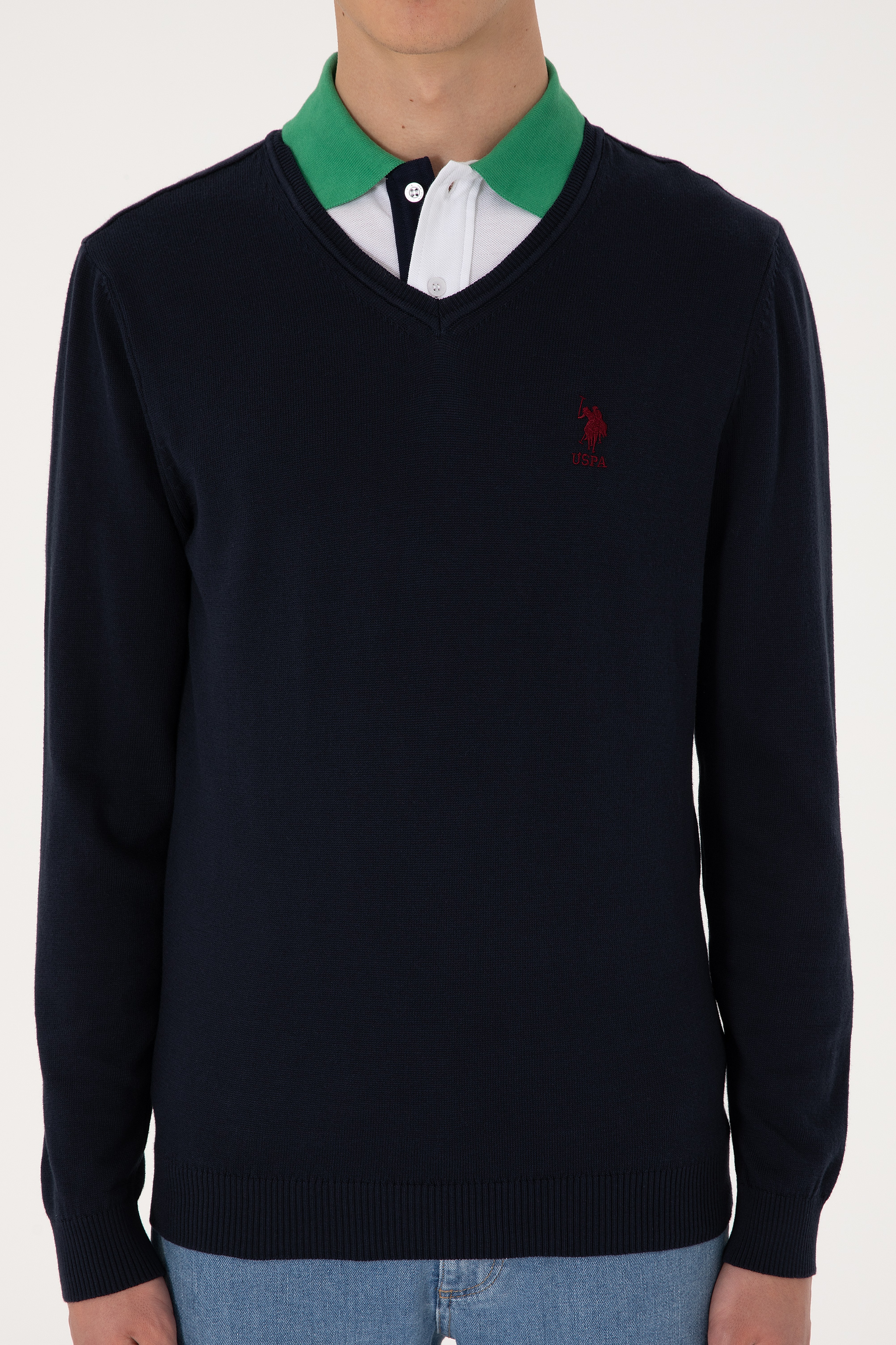 Erkek Slim Fit V Yaka Lacivert Basic Kazak - Image 6