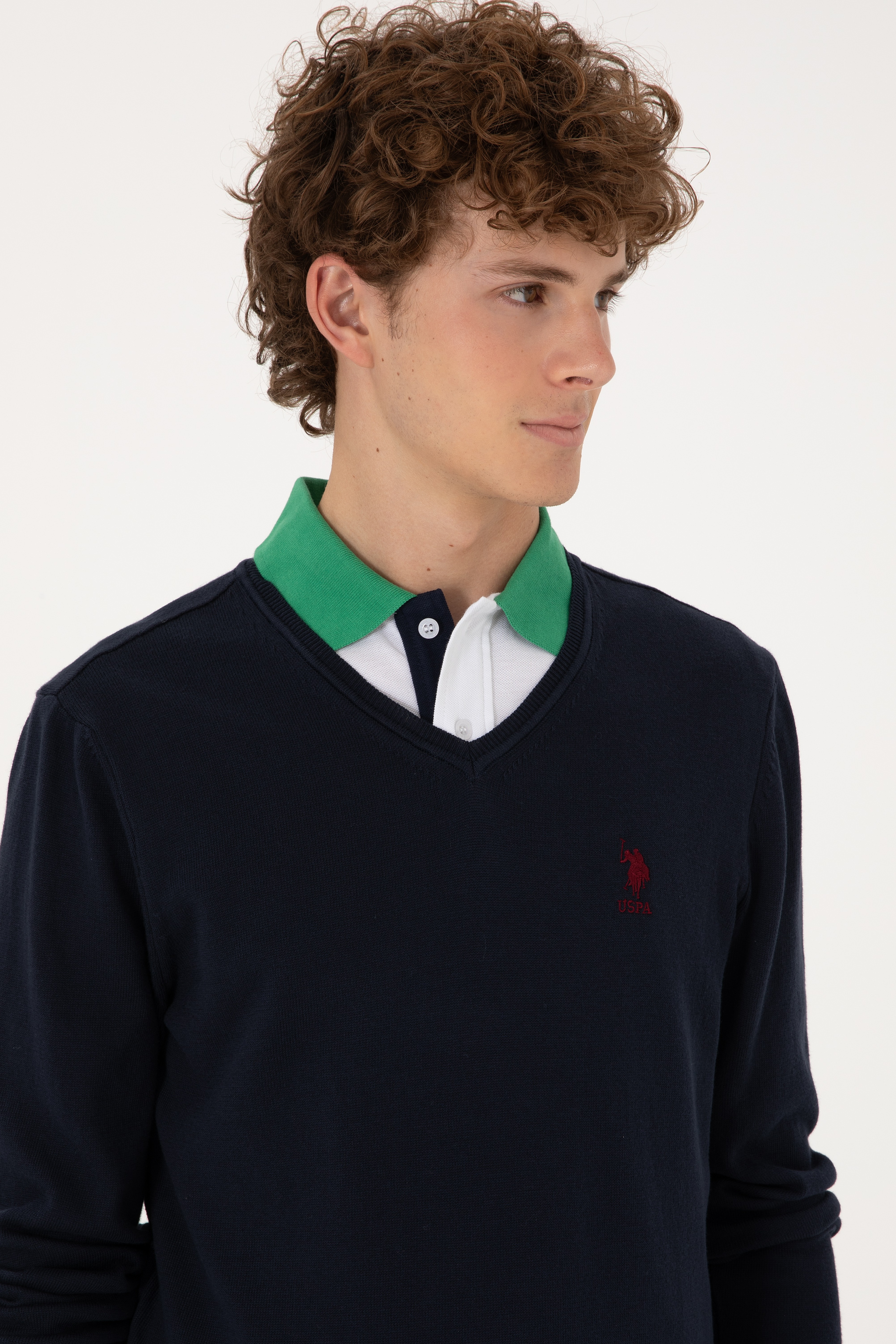 Erkek Slim Fit V Yaka Lacivert Basic Kazak - Image 2