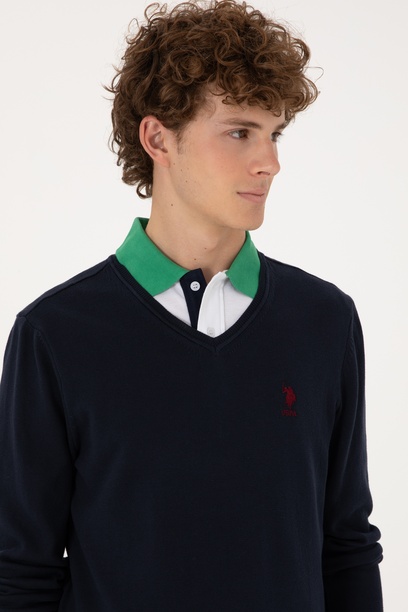 Erkek Slim Fit V Yaka Lacivert Basic Kazak